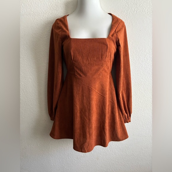 Francesca’s Paulette Corduroy Long Sleeve Rust Orange Mini Dress S - Picture 2 of 16
